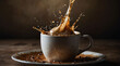 Cup of coffee with cream, splashes on a dark background. Delicious coffee concept.