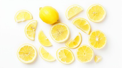 Poster - Ripe lemon with slices isolated on white background with full depth of field Top view Flat lay : Generative AI