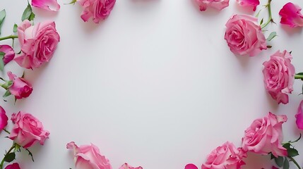 Aufkleber - Decorative frame with pink bright roses on white background Flat lay : Generative AI