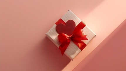 Wall Mural - gift box with red bow and red heart on colored background  Top view Flat lay : Generative AI