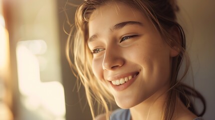 Wall Mural - Warm and casual portrait of a young beautiful girl smiling and looking to one side : Generative AI