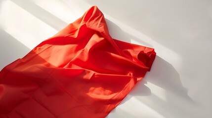 Poster - top view with red empty kitchen napkin isolated on table background Folded cloth for mockup with copy space Flat lay Minimal style : Generative AI