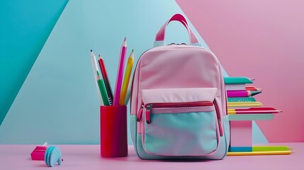 Poster - Stylish school backpack and pencil case with different stationery supplies on colorful background : Generative AI