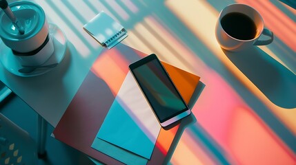 Poster - Creative flat lay photo of workspace desk with smartphone coffee tag letter and notebook with copy space background minimal style : Generative AI