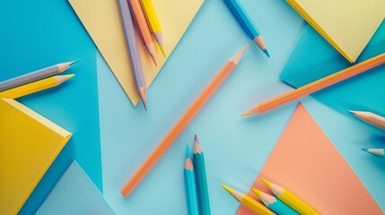 Poster - Flat lay photo of office desk with colorful pencil and paper clipcopy space top view : Generative AI