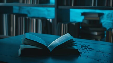 Poster - Open and closed books on dark blue table : Generative AI