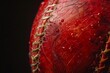 Red cricket ball. Macro shot of tampered seam of cricket ball over black background. .