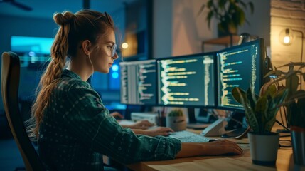 Wall Mural - Dedicated female software engineer codes on multi-monitor desktop in modern co-working space, developing SaaS for cutting-edge startup