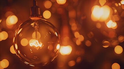 Aufkleber - Classic sphere lighting bulbs are glowing in orange warming shade there are hanging from ceiling in dark environment Interior cozy style decoration Closeup and selective focus : Generative AI