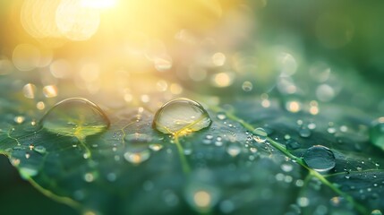 Poster - Large beautiful drops of transparent rain water on a green leaf macro Drops of dew in the morning glow in the sun Beautiful leaf texture in nature Natural background : Generative AI