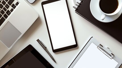 Aufkleber - Office desk workplace with blank screen tablet and smart phone laptop pen and cup of coffee Top view flat lay with copy space : Generative AI