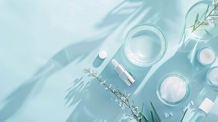 Poster - Spa treatment Flat lay composition with laboratory glassware and ingredients for organic cosmetic product on light blue background Banner design : Generative AI