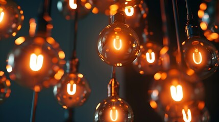 Poster - ceiling lighting bulbs are glowing in orange warming shade in dark environment Interior cozy style decoration Closeup and selective focus : Generative AI