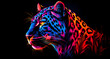 A colorful neon leopard in profile on a black background