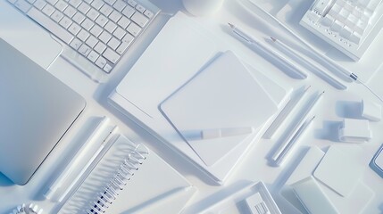 Aufkleber - White office desk table with blank notebook computer keyboard and other office supplies Top view with copy space flat lay : Generative AI