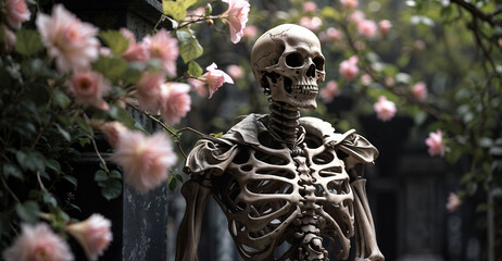 Photorealistic art of a human skeleton bust alone at a cemetery surrounding pink blossom flowers a dark gloomy background, horror thriller concept, generative AI