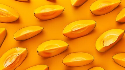 Poster - Fresh sliced Mango in pattern on the orange background Fresh fruits Top view  Healthy and tasty Continous pattern isolate flat lay hard light minimal : Generative AI
