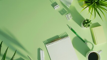 Poster - Workspace concept notepad and writing supplies on green desk flat lay top view copy space : Generative AI