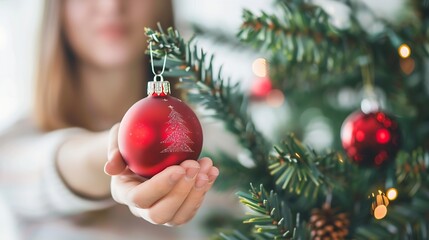 Poster - Close up woman holding red Christmas ornament on Christmas tree and white background : Generative AI