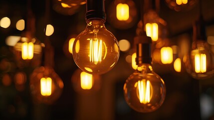 Poster - ceiling lighting bulbs are glowing in orange warming shade in dark environment Interior cozy style decoration Closeup and selective focus : Generative AI