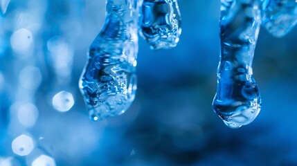 Poster - Icicles with clear water drops at a creek cascade waterfall on a very cold winters day in Sauerland Germany Close up macro of transparent and translucent turquoise blue shapes with blu : Generative AI