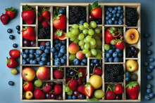 Blueberries Summer Pears Farmers Flatlay Background Figs Cherries Ripe Top Grapes Berry Variety Fruit Grey View Apricots Local Boxes Strawberries Ecofriendly Wooden