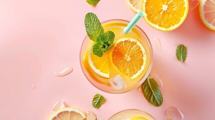 Aufkleber - Glass of juice made of citrus slices with mint leaves and a straw on light pink background Citrus juice concept : Generative AI