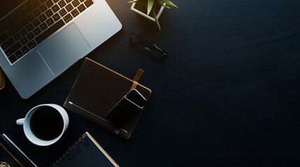 Aufkleber - Flat lay modern workspace with computer laptop coffee cup and book on black table : Generative AI