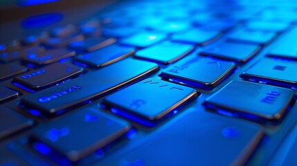 Fototapete - Keyboard Laptop with Blue Backlight : Generative AI