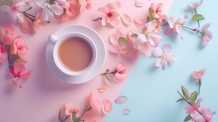 Poster - Flat Lay Aesthetic Greeting Card with morning coffee cup and flowers on pastel background  Womens Day on March 8th Spring or Easter concept Blogger composition : Generative AI