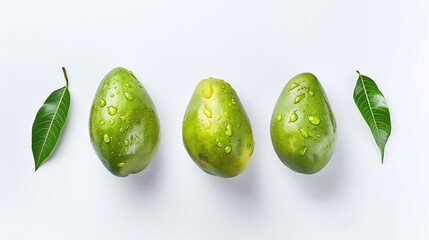 Poster - Green mango with mango has water drop collection isolated on white background  top view  flat lay : Generative AI