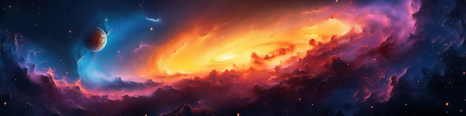Wall Mural - bright multicolored panorama of outer space with stars, galaxies, constellations, planets and a blac