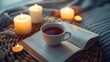 © Generative AI - Cup of black tea stay on open paper book with scented candles on rattan table in living room top view Selective focus Good morning : Generative AI