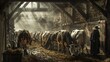 A farmer is herding cows in a barn.

