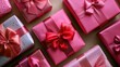 Celebrate the love filled occasion of Valentine s Day with a captivating close up shot capturing beautifully wrapped gifts in vibrant paper adorned with satin bows showcasing classic symbol