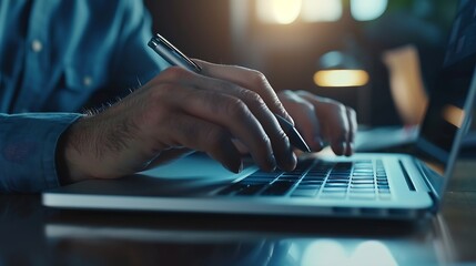 Poster - Casual business man with pen in hand busy working on laptop computer typing on keyboard with notebook mobile smart phone on desk in modern office close up dark tone : Generative AI