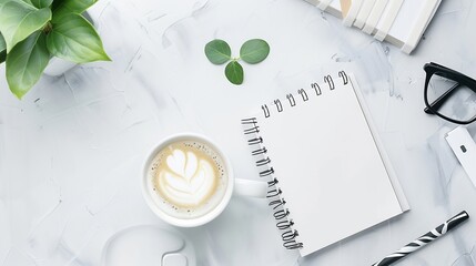 Poster - Styled stock photography white office desk table with blank notebook computer supplies and coffee cup Top view with copy space Flat lay : Generative AI