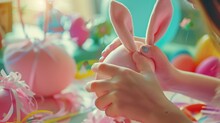 Making Easter Decorations Closeup Of A Girls Hands Making Textile Easter Egg A Shape Of Bunny Rabbit : Generative AI