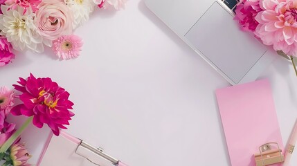 Aufkleber - Stylized womens desk office desk Workspace with laptop bouquet dahlias roses clipboard Womens fashion accessories isolated on white background Flat lay Top view : Generative AI