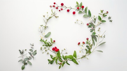Poster - Frame wreath with red and white wildflowers green leaves branches on white background Flat lay top view Flower background : Generative AI