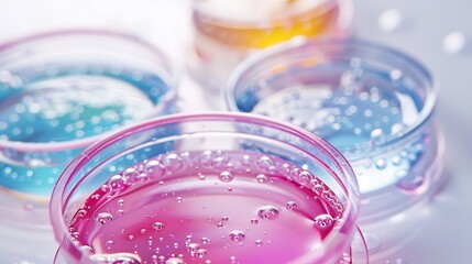 Aufkleber - Petri dish Petri cups with liquid Kit Chemical elements oil cosmetics Gel water molecules viruses Closeup On a white background : Generative AI