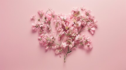 Heart shape made with pink natural spring flowers Love or Mothers day minimal concept Valentines day or 8 March idea Flat lay : Generative AI