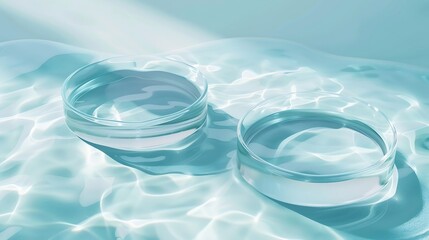 Poster - Two empty clear glass circle podiums on light blue transparent calm water texture with waves in sunlight Abstract nature background for product presentation Flat lay cosmetic mockup co : Generative AI