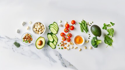 Creative flat lay with healthy vegetarian meal ingredients and white marble cutting board Raw food concept with copy space A variety of organic fruits nuts vegetables with avocado Vega : Generative AI