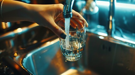 Aufkleber - Womans hand holding a glass pours water from a faucet in the kitchen Top view flat lay : Generative AI