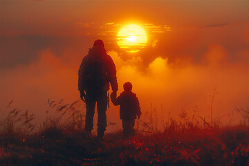 Wall Mural - Fathers day theme with silhouette of father walking with his child on the meadow against at foggy sunset