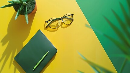 Poster - Flat lay design of work desk with notebook eye glasses and cactus on green and yellow background : Generative AI