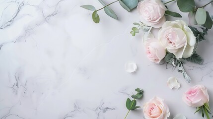 Aufkleber - Wedding invitation card Marble paper blank rose flowers eucalyptus branches on gray background Wedding concept Flat lay top view copy space : Generative AI