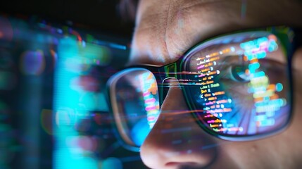 Poster - Closeup Portrait of Software Engineer Working on Computer Line of Code Reflecting in Glasses Developer Working on Innovative eCommerce Application using Machine Learning AI Algorithm B : Generative AI