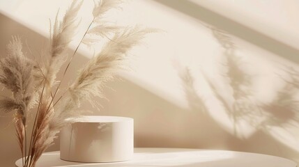 Aufkleber - Podium for cosmetic product presentation Abstract minimal geometrical form Cylinder podium with dry pampas grass soft shadow Scene to show products Showcase display case Flat lay top v : Generative AI